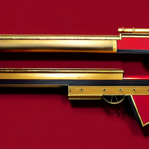 Image similar to a shotgun made from glossy red - painted wood and elements of gold metalwork, full - length photograph