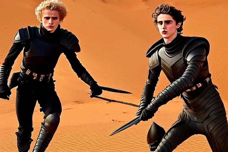 Prompt: a dagger-fight bald_ominous_brooding_Austin_Butler_as_Feyd-Rautha_Harkonnen versus Timothee_Chalamet_as_Paul_Atreides, in an arena fight-pit in movie Dune-2021, golden ratio, clear gaze, detailed eyes, detailed faces