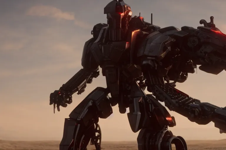 Image similar to a cinematic still from Westworld, red mech, armored core, octane render, nvidia raytracing demo, masterpiece