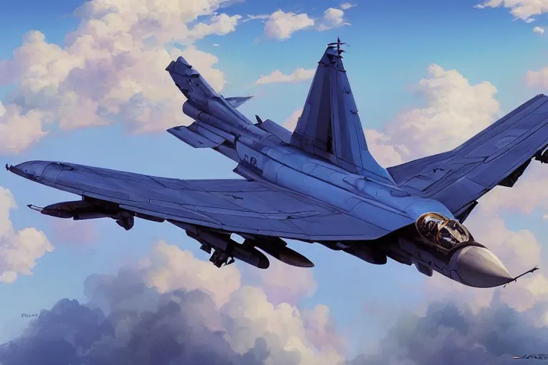 Image similar to Mikoyan MiG-29 flying in the sky, blue sky, white clouds, highly detailed, digital painting, artstation, concept art, sharp focus, illustration, art by artgerm and greg rutkowski and alphonse mucha