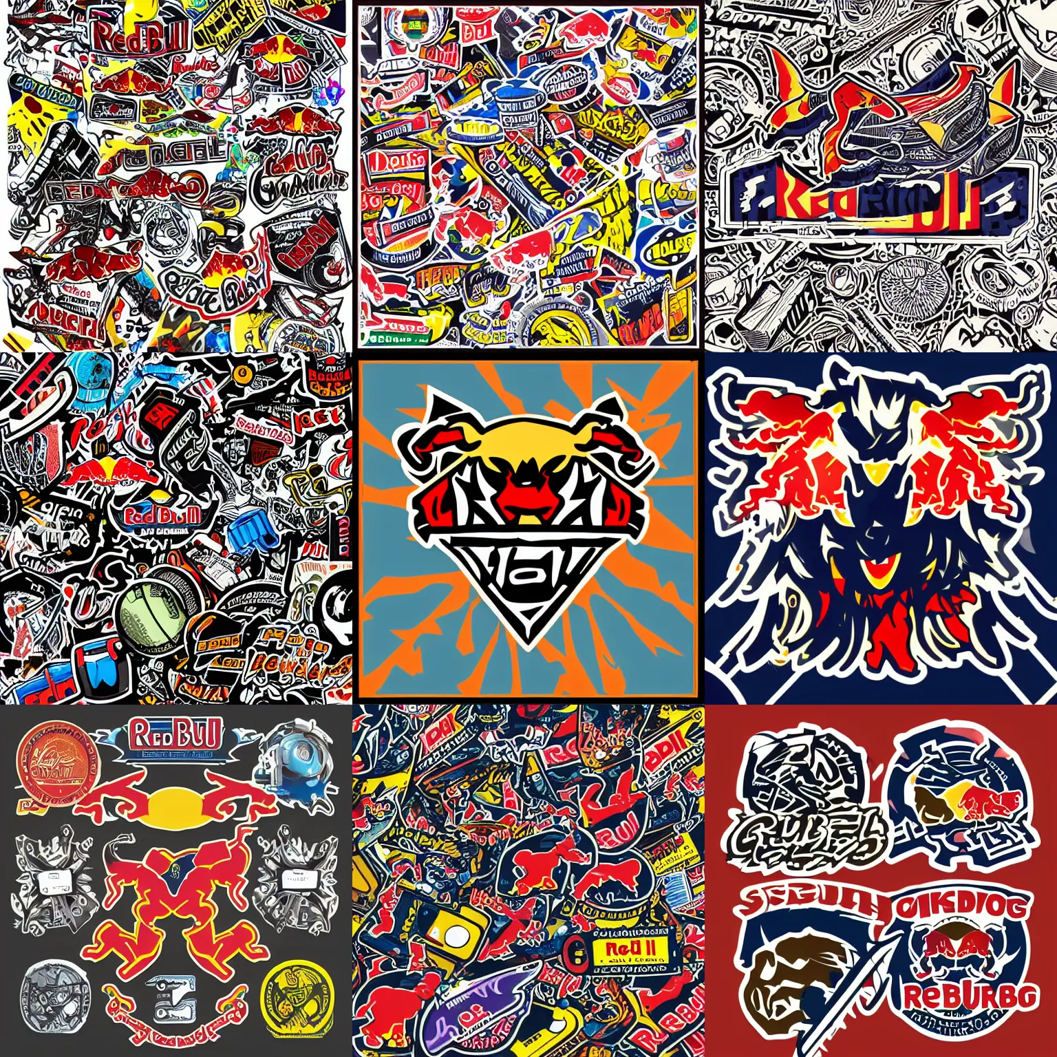 Prompt: “red bull sticker bomb, cluttered, sticker, highly detailed, colorful, illustration, intricate, smooth and clean vector curves, no jagged lines, vector art, logo”