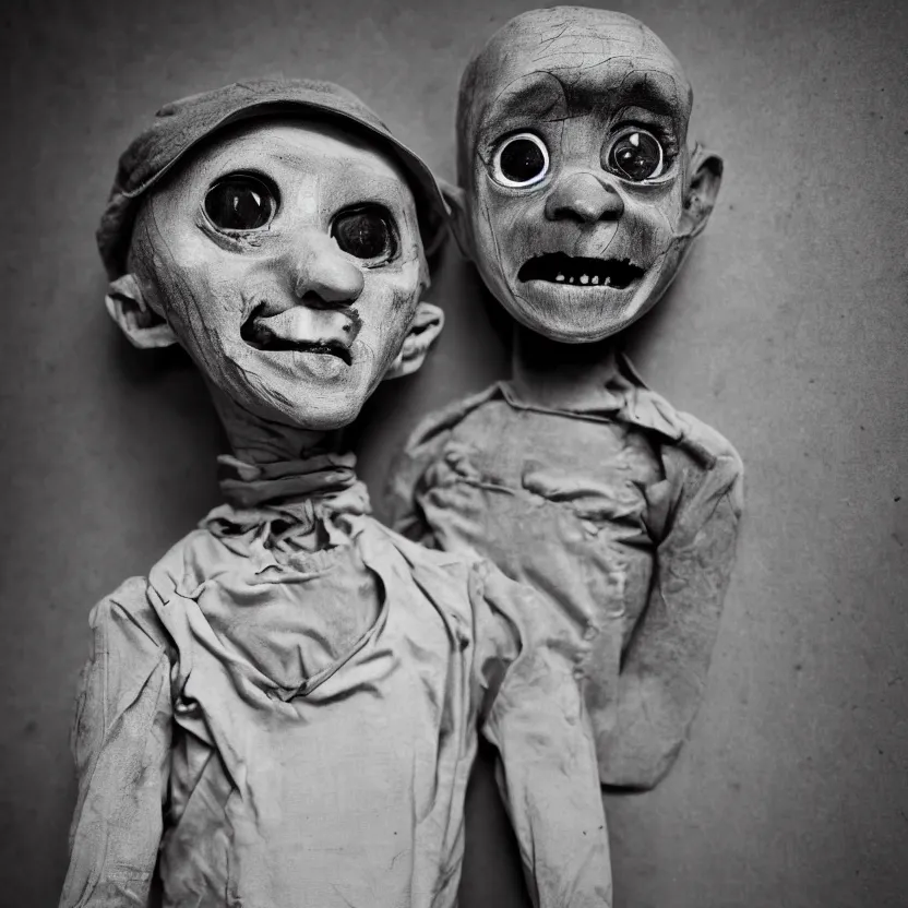 Image similar to creepy ventriloquist dummy in the style of roger ballen, 4 k, bw, portrait