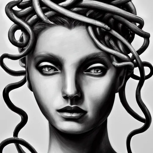 Image similar to medusa portrait painting, black and white, arstation, detailed, blurred background