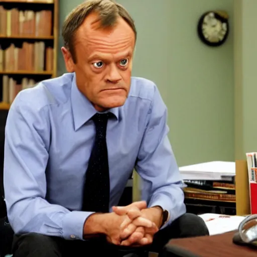 Image similar to Donald Tusk in a still from the american sitcom The Office