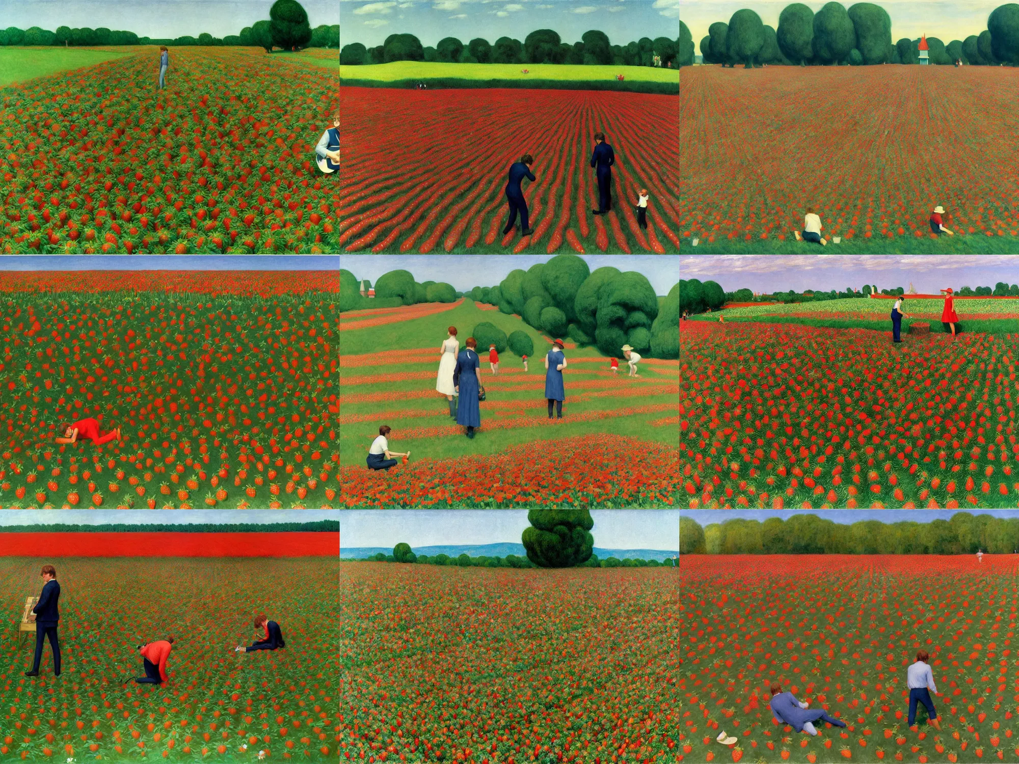 Prompt: john lennon playing strawberry fields forever in a strawberry field full of giant strawberries to a crowd of many heather locklears, painting by edward hopper and james jean