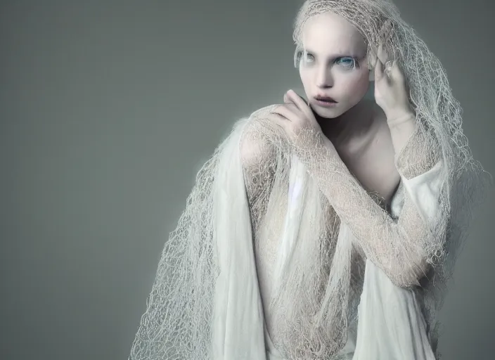 Image similar to nails and needles dig into a stupid head, in style of paolo roversi, britt marling style 3 / 4, a beautiful ethereal lace white robe, 8 k, soft focus, soft light, volumetric lighting, highly detailed realistic, refined, highly detailed, natural outdoor soft pastel lighting colors scheme