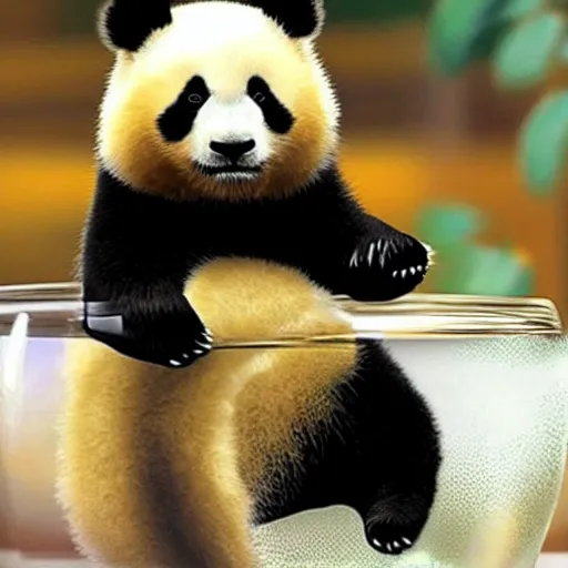 Prompt: Small panda sitting in a glass of water