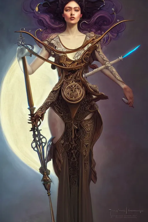 Image similar to a full body portrait of mixed angel and art nouveau automaton, holding glowing spear of justice, fantasy, sharp focus, intricate, elegant, digital painting, artstation, matte, highly detailed, concept art, illustration, ambient lighting, art by peter mohrbacher, johannes voss, jingna zhang