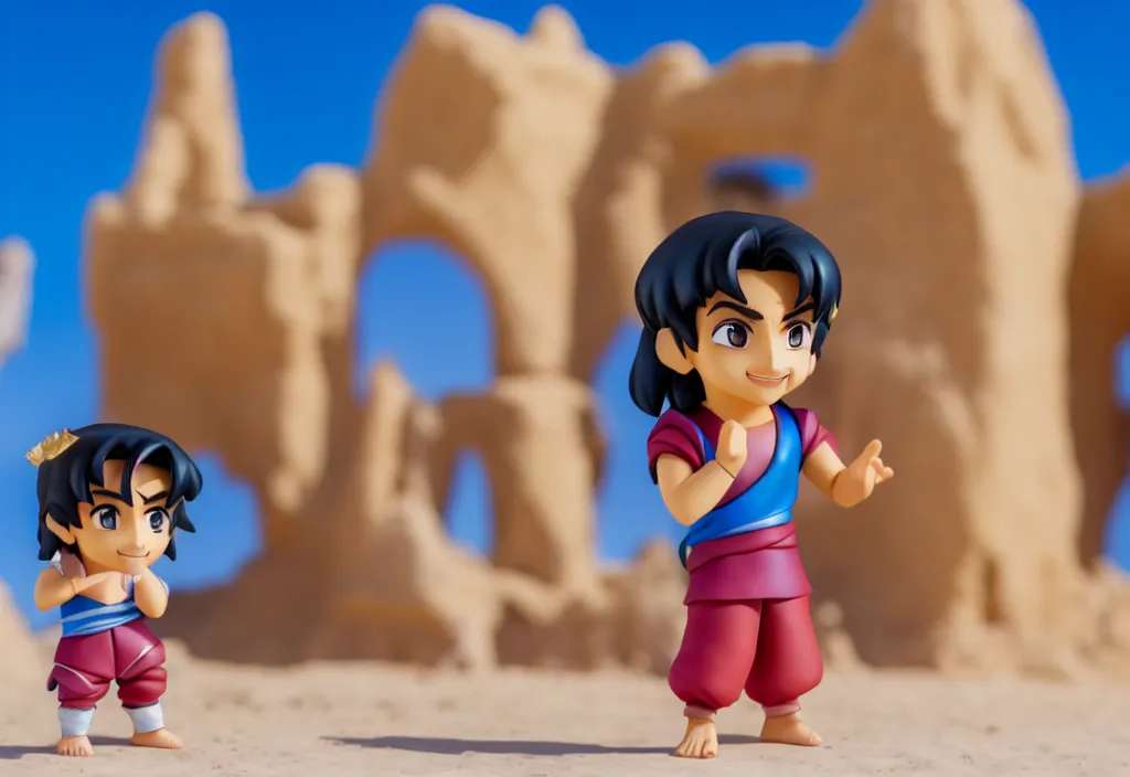 Image similar to side view of young aladdin as nendoroid running in desert village, 8 k hd dof, kodak film,