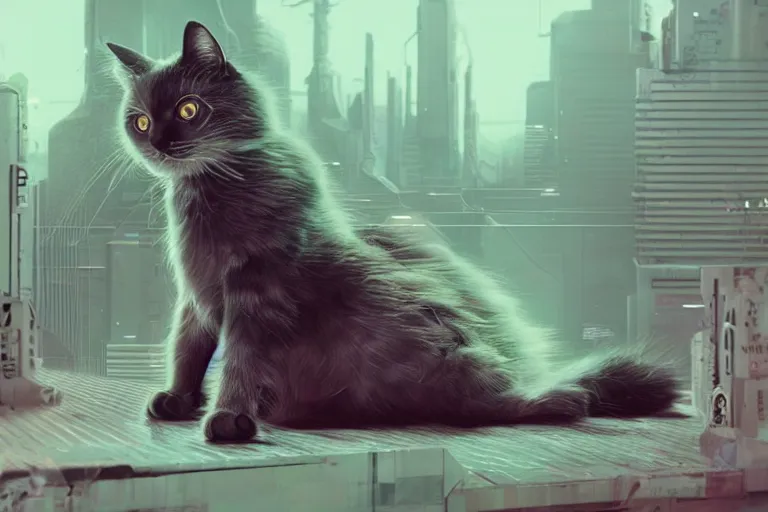 Prompt: a ragdoll cat, cyberpunk art by mike winkelmann, trending on cgsociety, retrofuturism, reimagined by industrial light and magic, darksynth, sci - fi