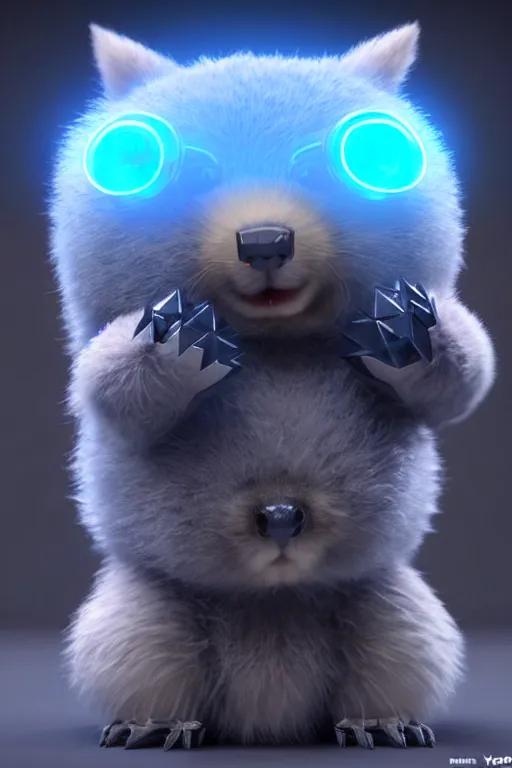 Image similar to high quality 3 d render sci - fi very cute mecha & fluffy! wombat!! hybrid! fighting, highly detailed, unreal engine cinematic smooth, in the style of blade runner & detective pikachu, hannah yata charlie immer, dark blue neon light, low angle, uhd 8 k, sharp focus