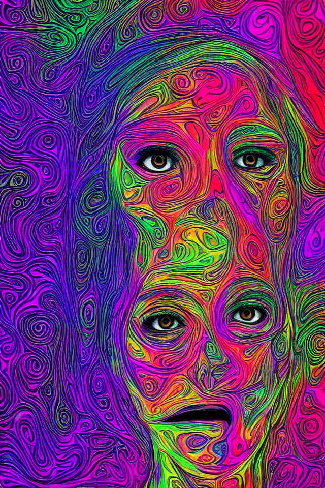 Image similar to hollow face portrait, stunning psychedelic background