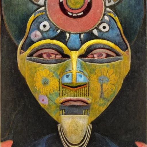 Prompt: head of a beautiful machine shaman wearing a mask made of enamelled flowers, by annie swynnerton and jean delville and john watkiss and rufino tamayo and diego rivera, art deco shaman, stylized geometric flowers, art brut, symbolist, dramatic lighting, god rays, clean crisp graphics, smooth sharp focus, extremely detailed, adolf wolfli