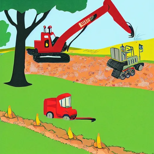 Prompt: picture book illustration of a digger in the back yard