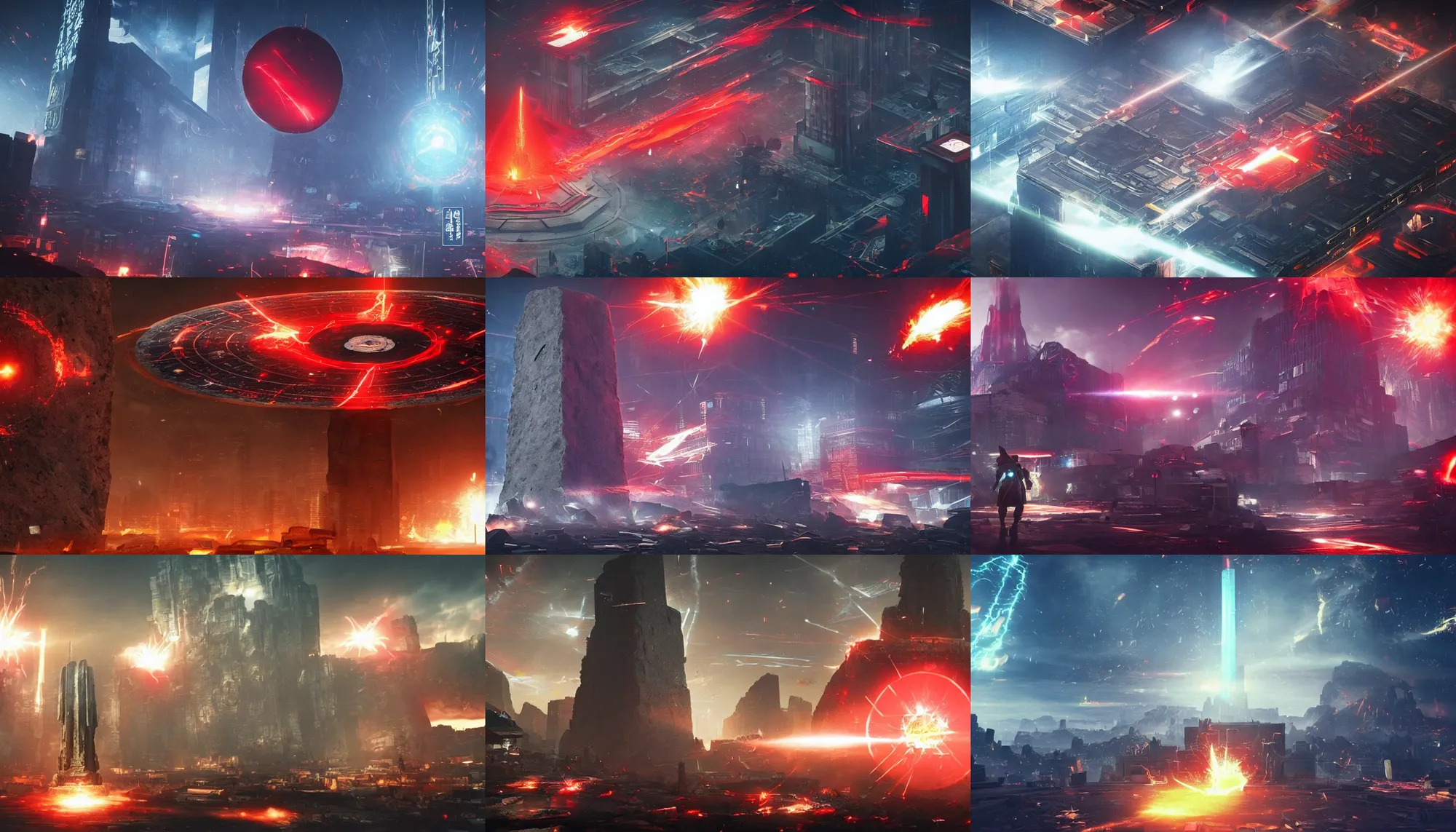 Prompt: a huge towering and broken stone tablet with red light + alien pattern, stands in the center of a prosperous city at the end of the world, and the power and energy is explode, secret, mysterious, doomsday, landscape, video game control, quantum break, arknights,