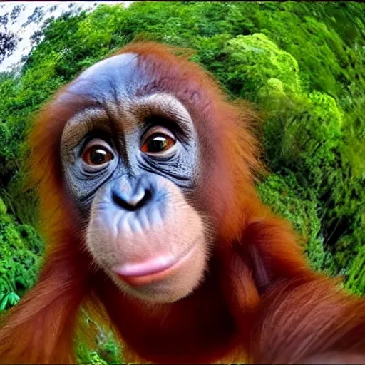 Prompt: baby orangutang, low quality 2 4 0 p fish eye lens selfie