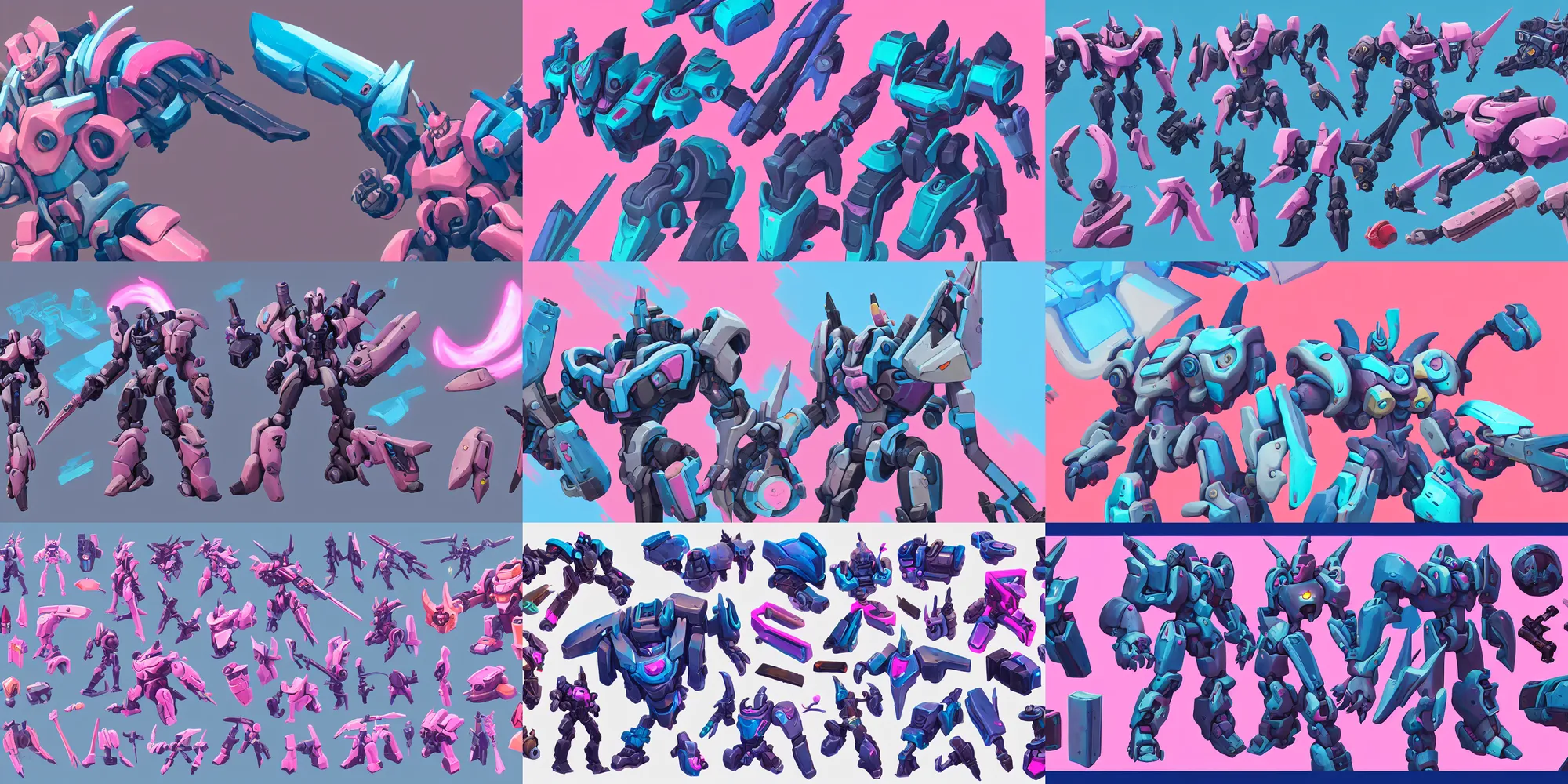 Prompt: game asset of transformer parts, in gouache detailed paintings, props, stylized, 2 d sprites, kitbash, arcane, overwatch, blue and pink color scheme, 8 k, close up
