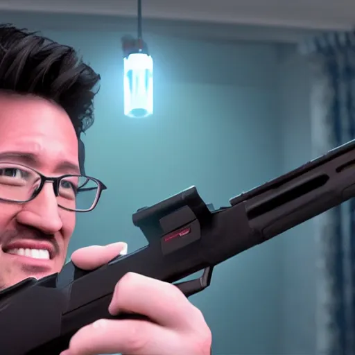 Prompt: Markiplier with a shotgun, photorealistic, cinematic lighting, shot on iphone