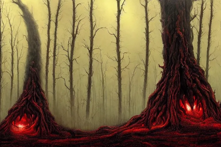 Image similar to Haunting horrifying hyperrealistic detailed painting of a huge tall ent creature sitting atop a mountain of flames in a foggy hellscape with spread out pools of crimson red gelatinous liquid and goop, eyeballs bulging, sparks of fire flying, dystopian feel, heavy metal, disgusting, creepy, unsettling, in the style of Michael Whelan and Zdzisław Beksiński, lovecraftian, hyper detailed, trending on Artstation