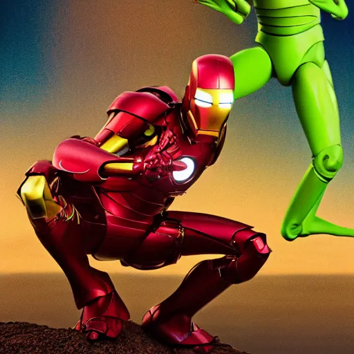 Prompt: Kermit the Frog as Iron Man by P. Craig Russell and Barry Windsor-Smith, Sesame Street, 8k octane beautifully detailed render, post-processing, extremely hyperdetailed, intricate, epic composition, grim yet sparkling atmosphere, cinematic lighting + masterpiece