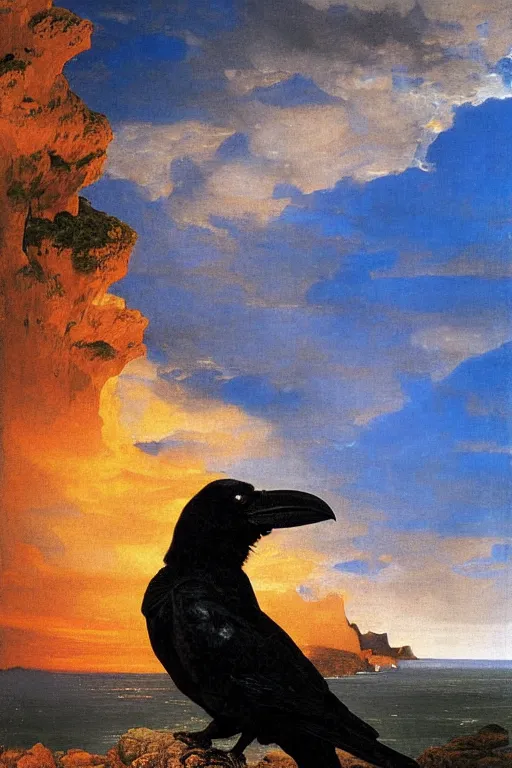 Prompt: a breathtakingly stunningly beautifully highly detailed extreme close up portrait of a raven, a rock arch overhead framing top of shot, epic coves crashing waves plants, beautiful clear harmonious composition, dynamically shot, wonderful strikingly vivid orange beautiful dynamic sunset with epic clouds, detailed organic textures, by frederic leighton and rosetti and turner and eugene von guerard, 4 k