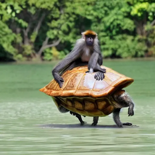 Image similar to a monkey riding on the back of a turtle