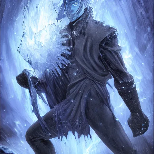 Prompt: a blue tiefling man frozen in a block of ice and being shattering into a million pieces, block of ice breaking apart, wearing dark cloths, ice block, cracked, destroyed, shattering, breaking, by Tony Sart, detailed, realistic, masterpiece