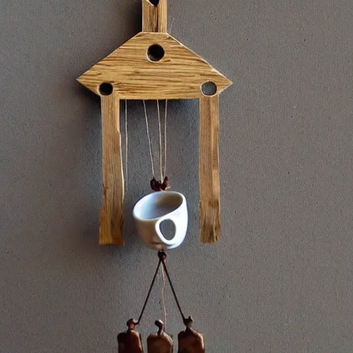 Image similar to This is a sketch of a wind chime made from the pieces of a broken mug. It shows the mug handle as the top piece with strings attached to it, and the bottom pieces of the mug hanging down like little bells, sketch, illustration