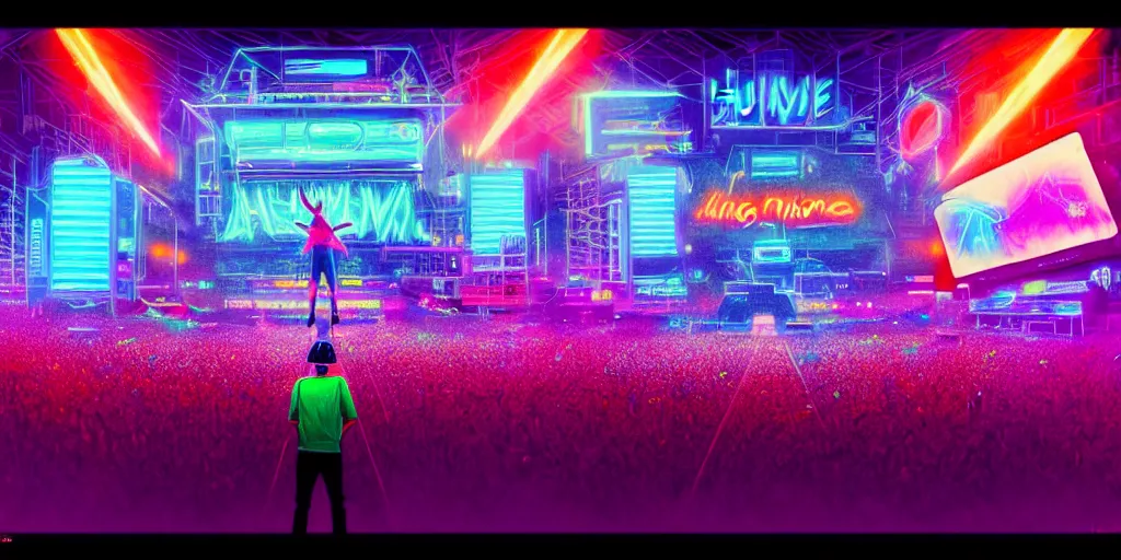 Image similar to dj plays big music at the biggest festivals in the world to a huge crowd, with lots of blaring neon lights in the spirit of synthwave, highly detailed, digital painting, artstation, concept art, matte, sharp focus, illustration, art by artgerm and greg rutkowski and mike mignogna