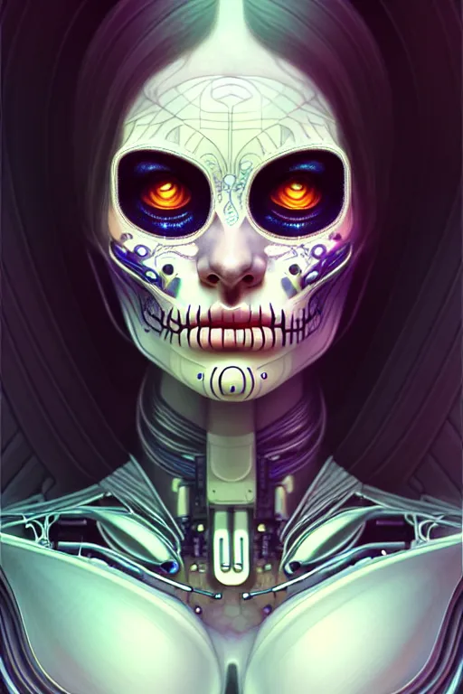 Image similar to ultra detailed portrait of a female android, eyes closed, sci - fi, moody, calm, ( dia de los muertos ), asymmetrical, intricate concept art, art by artgerm and giger and michael welan and alphonse mucha and loish and wlop