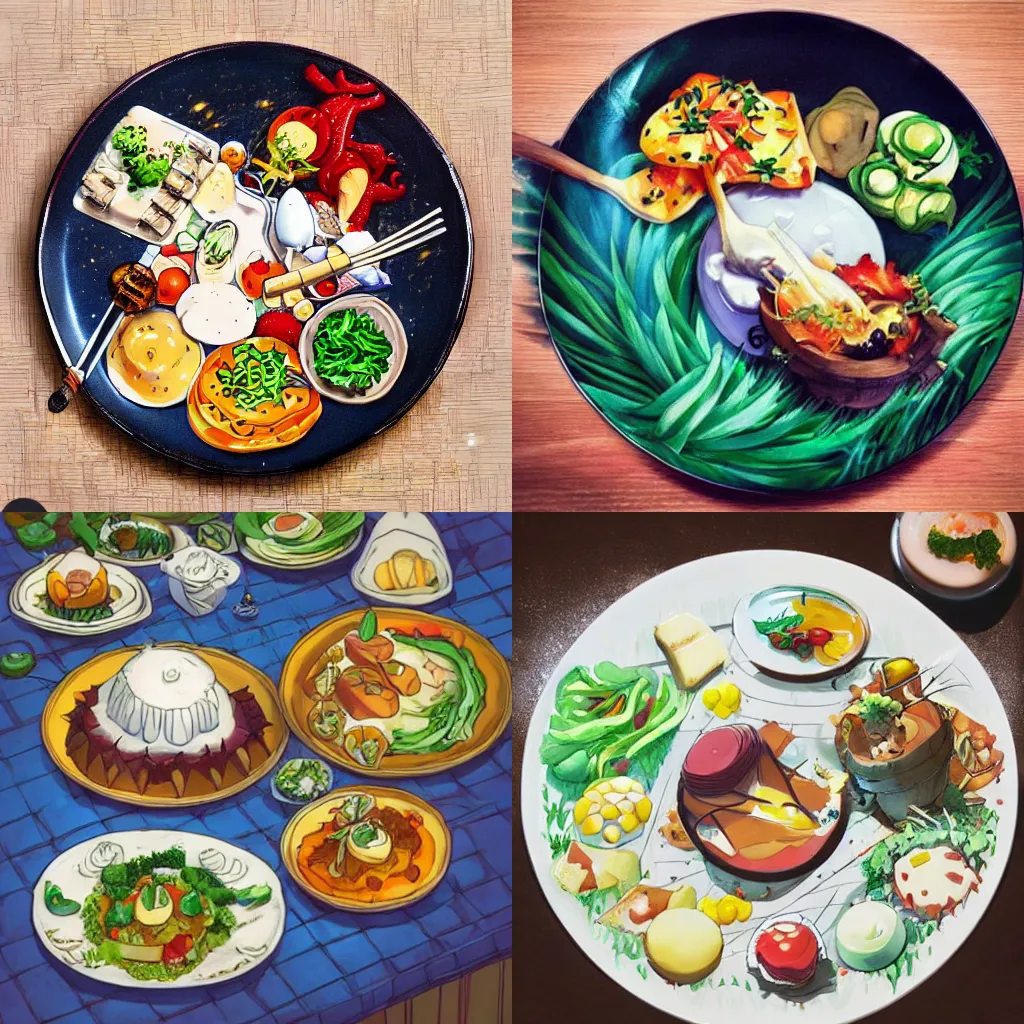 Prompt: a shot of a beautiful delicious plate of food, amazing food illustration, chef table, in style of studio ghibli, miyazaki, anime