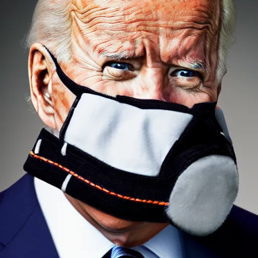 Image similar to uhd candid photo of joe biden wearing a basket - muzzle, with accurate face, real basket - muzzle, uhd, studio lighting, correct face, photo by annie leibovitz