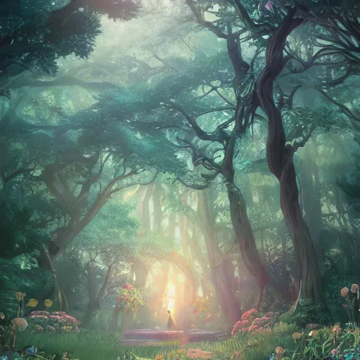 Image similar to the aesthetic view of the beautiful, grand, wistful, dreamy hidden forest at dusk, hyperrealistic anime illustration by iralki nadar, colorful, extremely detailed, intricate linework, super sharp focus, bright colors, octopath traveler, studio ghibli, unreal engine 5 highly rendered, global illumination, radiant light, detailed and intricate environment