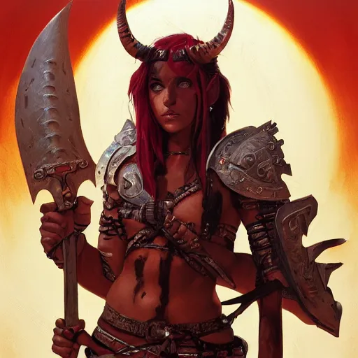 Prompt: portrait of a strong fierce female berber tiefling barbarian with red skin, devil horns and black hair holding a large sword and wearing a steel chestplate in a desert, fantasy, highly detailed, digital painting, artstation, concept art, character art, art by greg rutkowski, tyler jacobson, alphonse mucha, ross tran and makoto shinkai