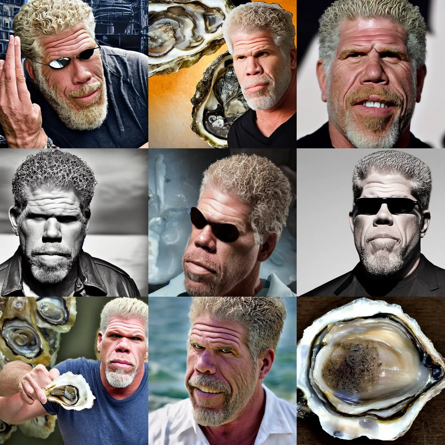 Prompt: ron perlman's head inside of an oyster