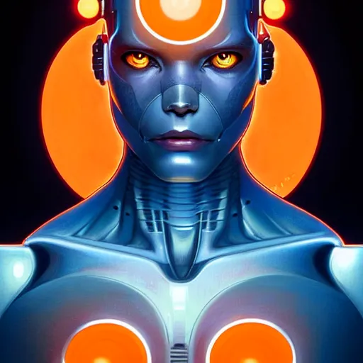 Image similar to cyborg, male, orange eyes, blue diodes, science fiction, highly detailed, digital painting, beautiful eyes, symmetry, concept art, sharp focus, illustration, art by artgerm and greg rutkowski and magali villeneuve and ilya kuvshinov! : : alphonse mucha : : - 0. 2