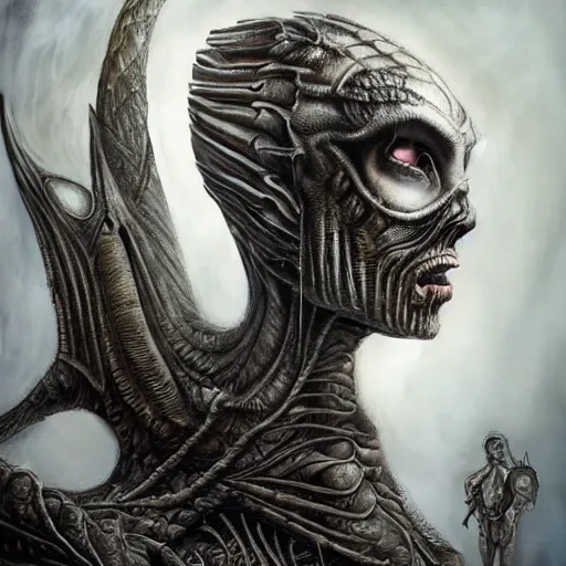 Image similar to Giger portrait of the dragon queen, Dragon in dragon lair, HD, full body dragon concept, flying dragon, Human body with dragon features, beautiful queen, perfect face, ray tracing, 4k realistic 3d rendered portrait, soft shading, soft colors, relaxed colors, hyperdetailed, wide angle lens, fantasy, futuristic horror, style of giger