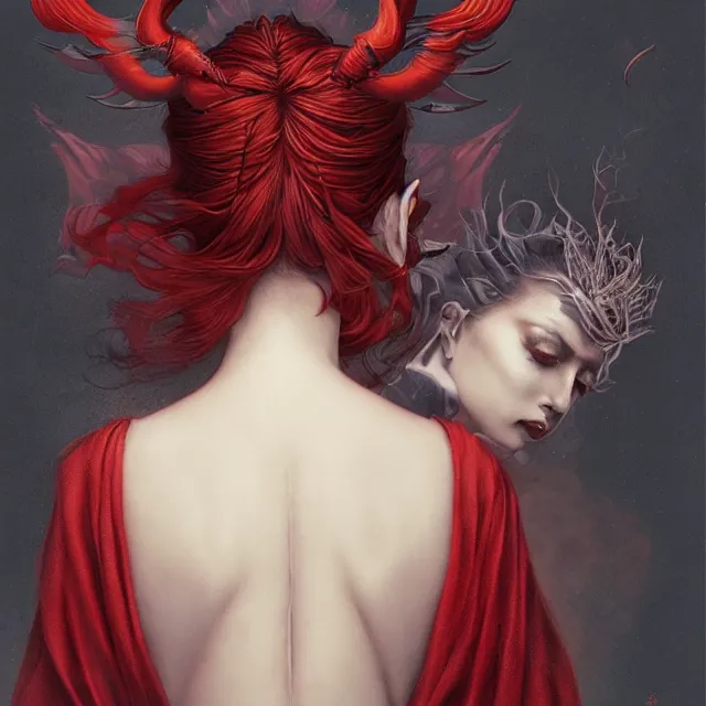 Image similar to ultra realistic illustration, beautiful ethereal woman dressed in red kimono, backview, tattoos, in the style of peter mohrbacher by weta digital and beth cavener, high face symmetry, intricate, masterpiece, award winning, high face symmetry, intricate