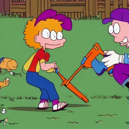 Image similar to rugrats but tommy is a lawnmower