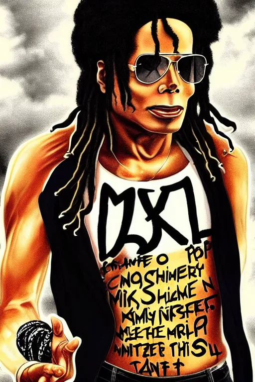 Image similar to michael jackson poster as a black rapper 1 9 7 0 s, dreadlocks, tattoos, dancing, poster tour, art work, ripped, 6 pack, rapping, grime, michael jackson, uhd, sharp, detailed, cinematic 4 k