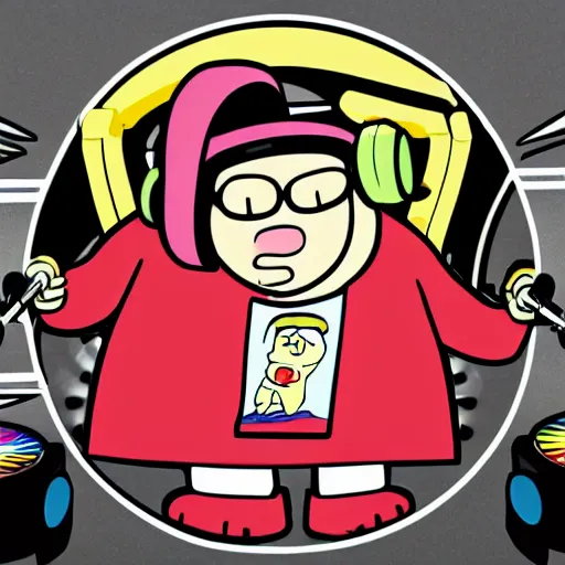 Image similar to svg sticker of a Family-Guy Peter-Griffin at a rave, spinning records, giant headphones rocking out, wearing headphones, huge speakers, dancing, rave, DJ, spinning records, digital art, amazing composition, rule-of-thirds, award-winning, trending on artstation, featured on deviantart