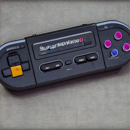 Prompt: photo of a super nintendo, product shot, hdr sharp and detailed