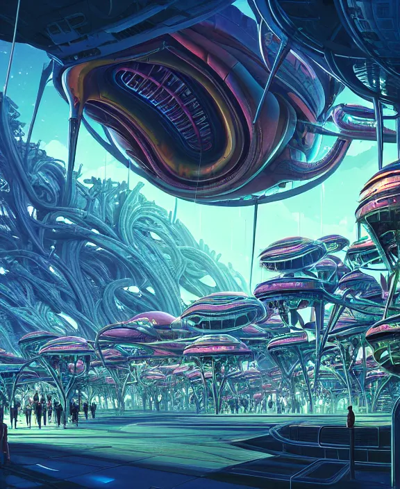 Prompt: an amusement park made out of alien creatures, biological forms, internal organs, in the style of an asymmetrical spaceship, apocalyptic environment, by dan mumford, yusuke murata, makoto shinkai, ross tran, cinematic, unreal engine, cel shaded, featured on artstation, pixiv