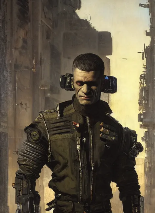 Prompt: frankenstein. cyberpunk mercenary wearing a military vest and combat jumpsuit. (Cyberpunk 2077, bladerunner 2049). Iranian orientalist portrait by john william waterhouse and Edwin Longsden Long and Theodore Ralli and Nasreddine Dinet, oil on canvas. Cinematic, hyper realism, realistic proportions, dramatic lighting, high detail 4k