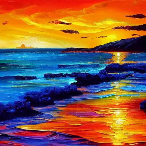 Image similar to an impasto oil painting of beautiful tropical islands during a colorful sunsetpainted by ken hong leung