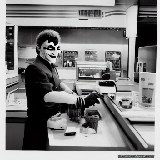 Image similar to joker 1 9 8 9 working in mcdonalds behind counter, facepaint coming off, movie still, dslr
