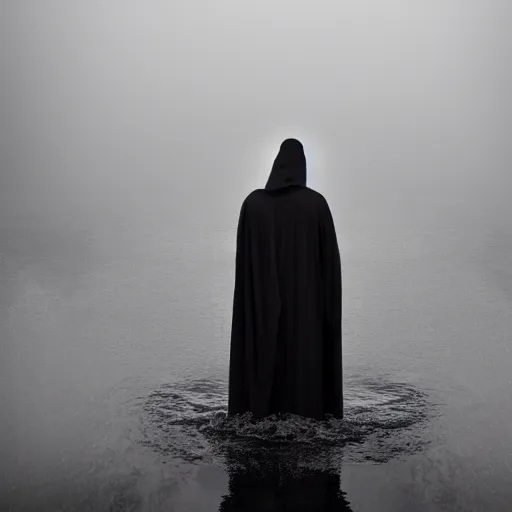 Prompt: a photo of a tall grim reaper like figure dressed in long black robes standing still in shallow waters with smoke coming out of the water, very foggy weather, 8k, high detail