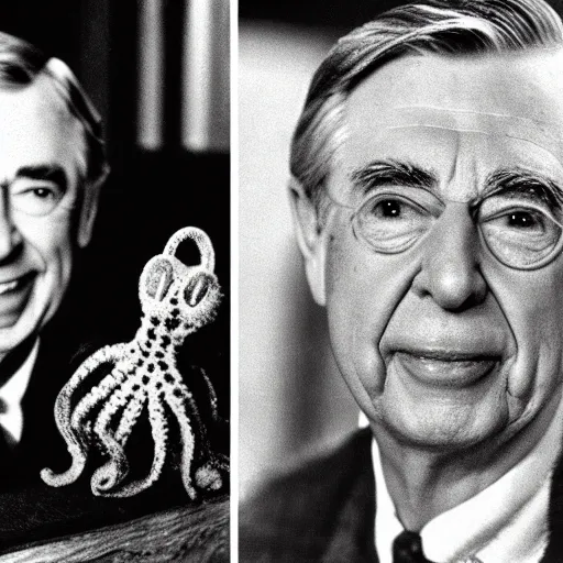 Prompt: mr. rogers wearing a cursed octopus as a hat, darkly lit horror photo