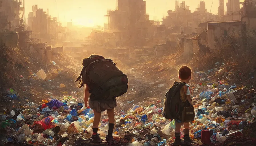 Image similar to poor detailed child with backpack looking for food at garbage dump, city is pure wasteland, sunset in background, greg rutkowski, alphonse mucha, trending on artstation, artgerm, breathtaking, sharp focus, smooth, mark arian, award winning, highly detailed 4 k art