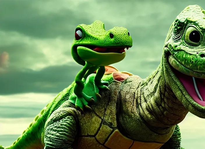 Image similar to film still of yoshi in the new sci - fi movie, cute upright dinosaur with a small turtle shell and long tongue, 8 k